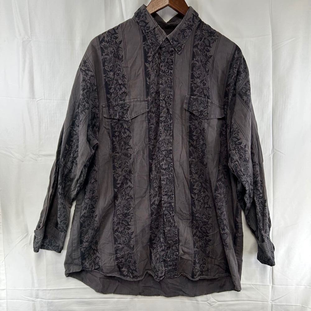 VTG Roper Rodeo Blue Western Shirt Mens XXL-LRG Grey Black‎ Floral Stripe USA